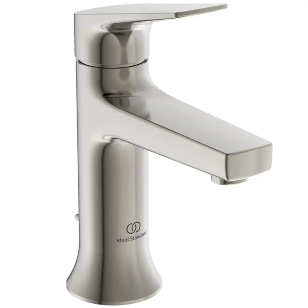 Waschtischarmatur aus hochwertigem Material mit einem Hebel zum Regulieren des Wasserflusses. Ideal Standard-Logo auf der Frontseite sichtbar.